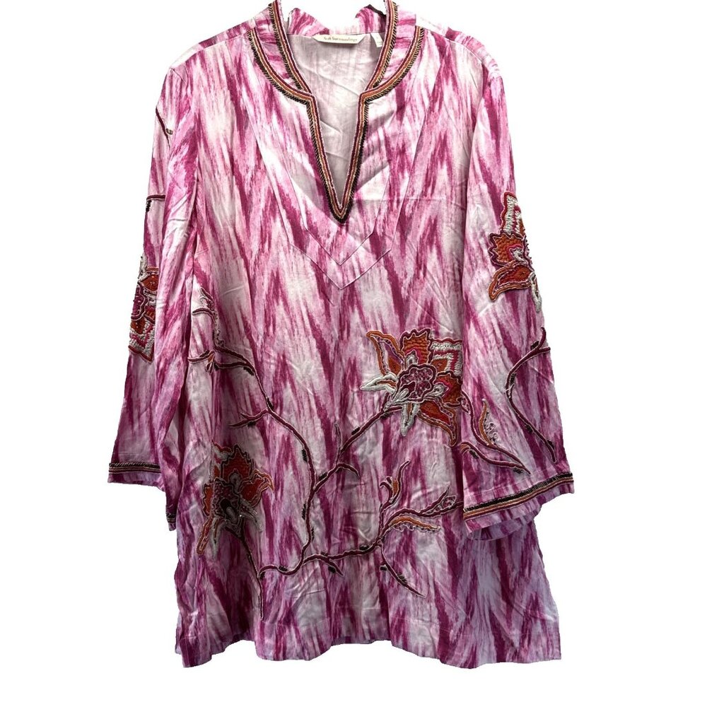 Softβ Surroundings Women Tunic Top Large Beaded Pink White Embroidered 3/4 BOHO